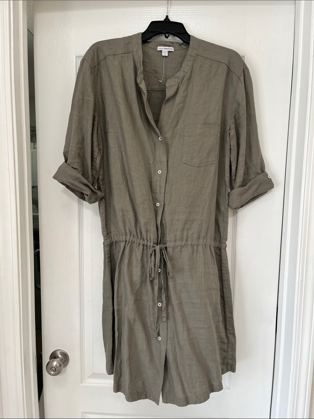 James Perse Olive Green Linen Button-Front Drawstring Dress, NWOT, 4